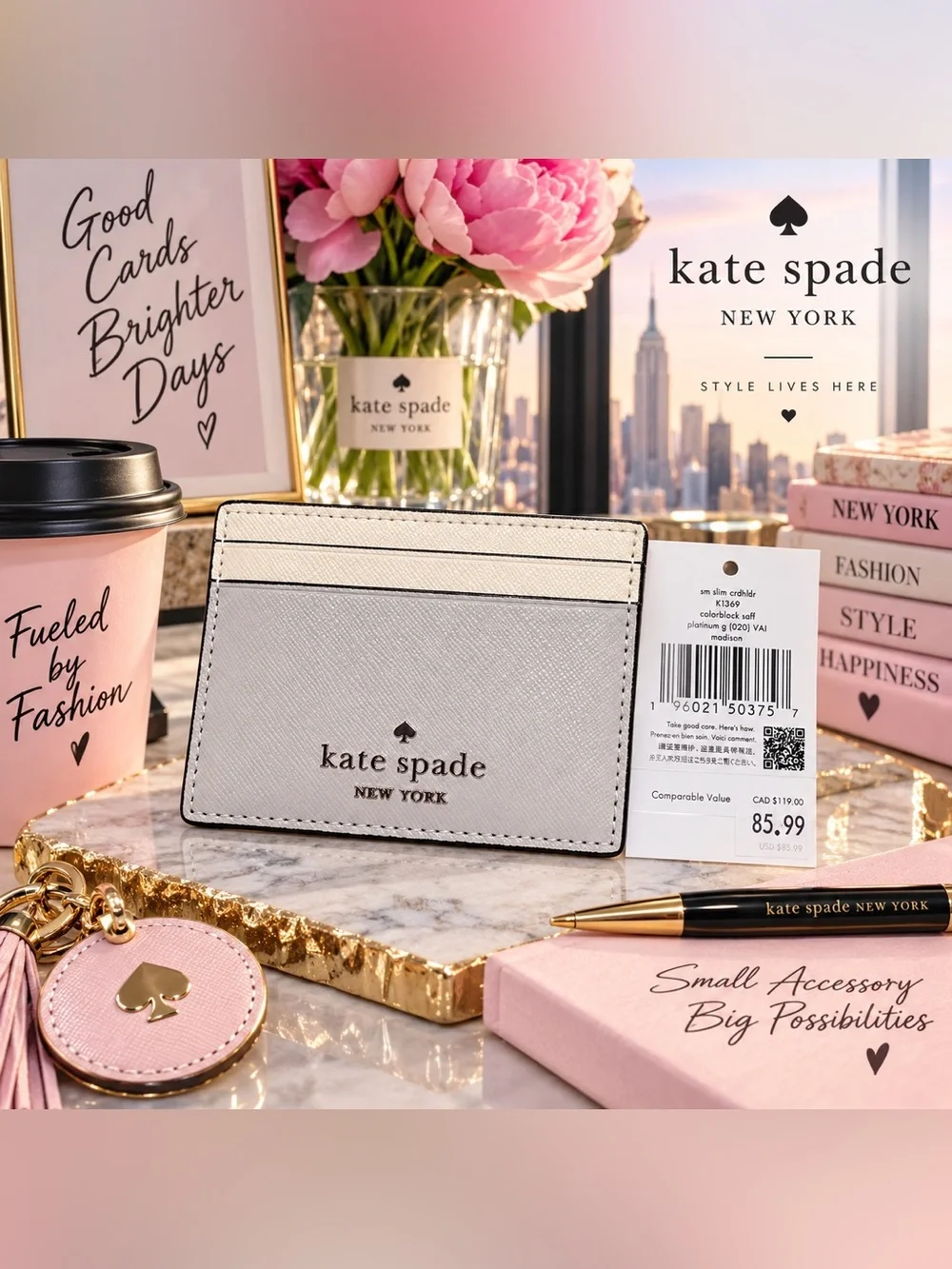 kate spade Two-Tone Light Gray & Cream Slim Card Holder